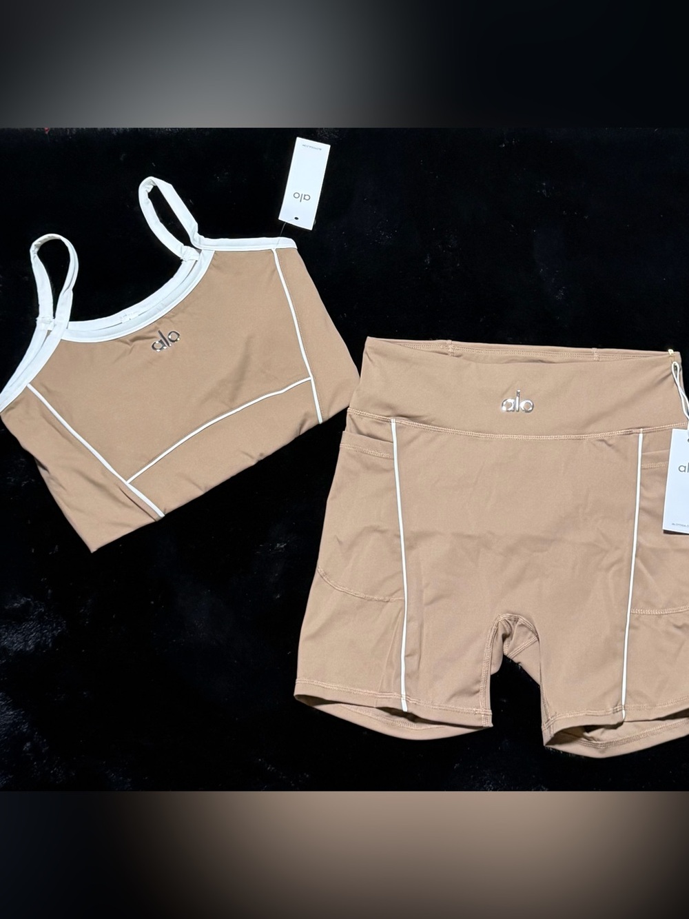 ALO Yoga Camel and White Piped Crop Top & Bike Short Set